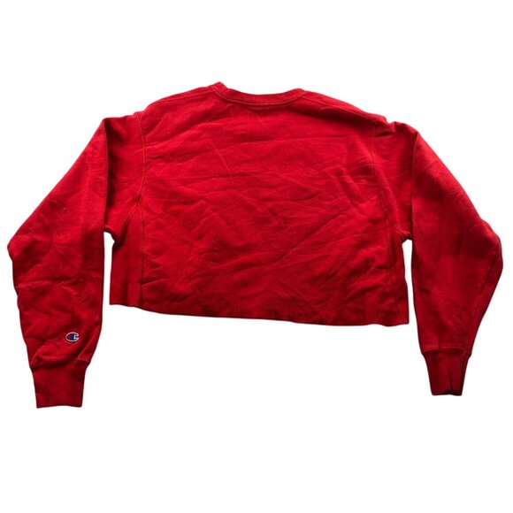 Champion Women's Reverse Weave Sweatshirt Large Crew Neck Red Cropped with Sciss - Picture 2 of 14